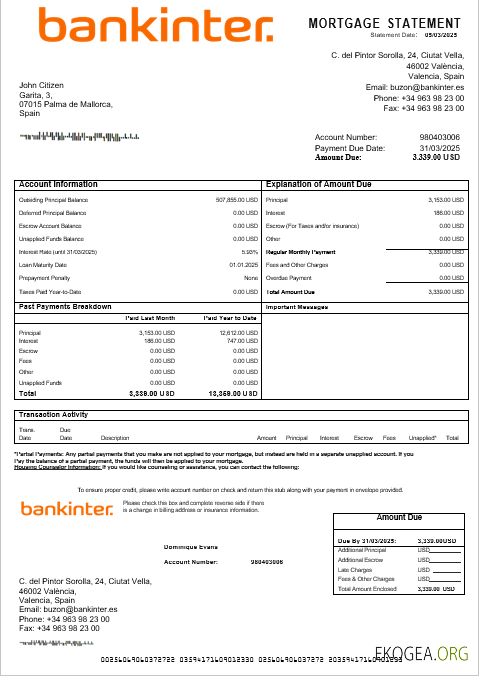 Relevé hypothécaire de la banque Bankinter d'Espagne aux formats Word et PDF